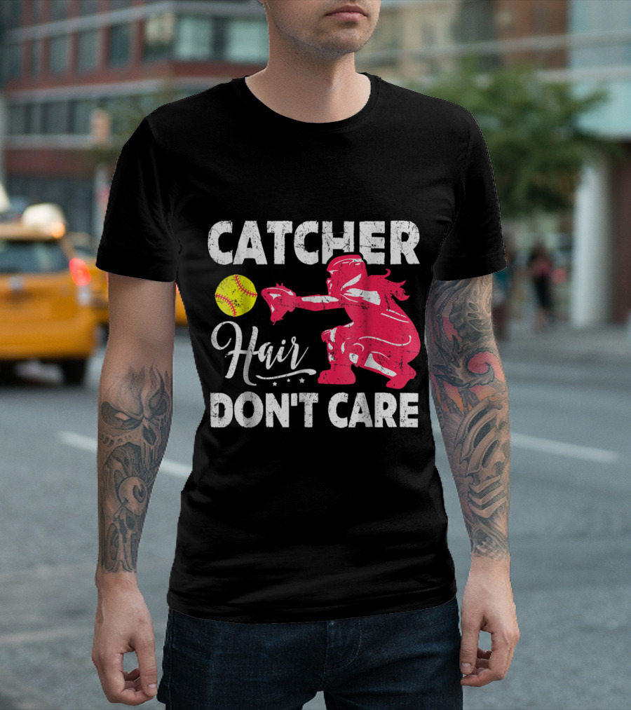 Catcher Hair Don't Care Softball Catcher Girls with Pink Catcher and Yellow Softball T-Shirt