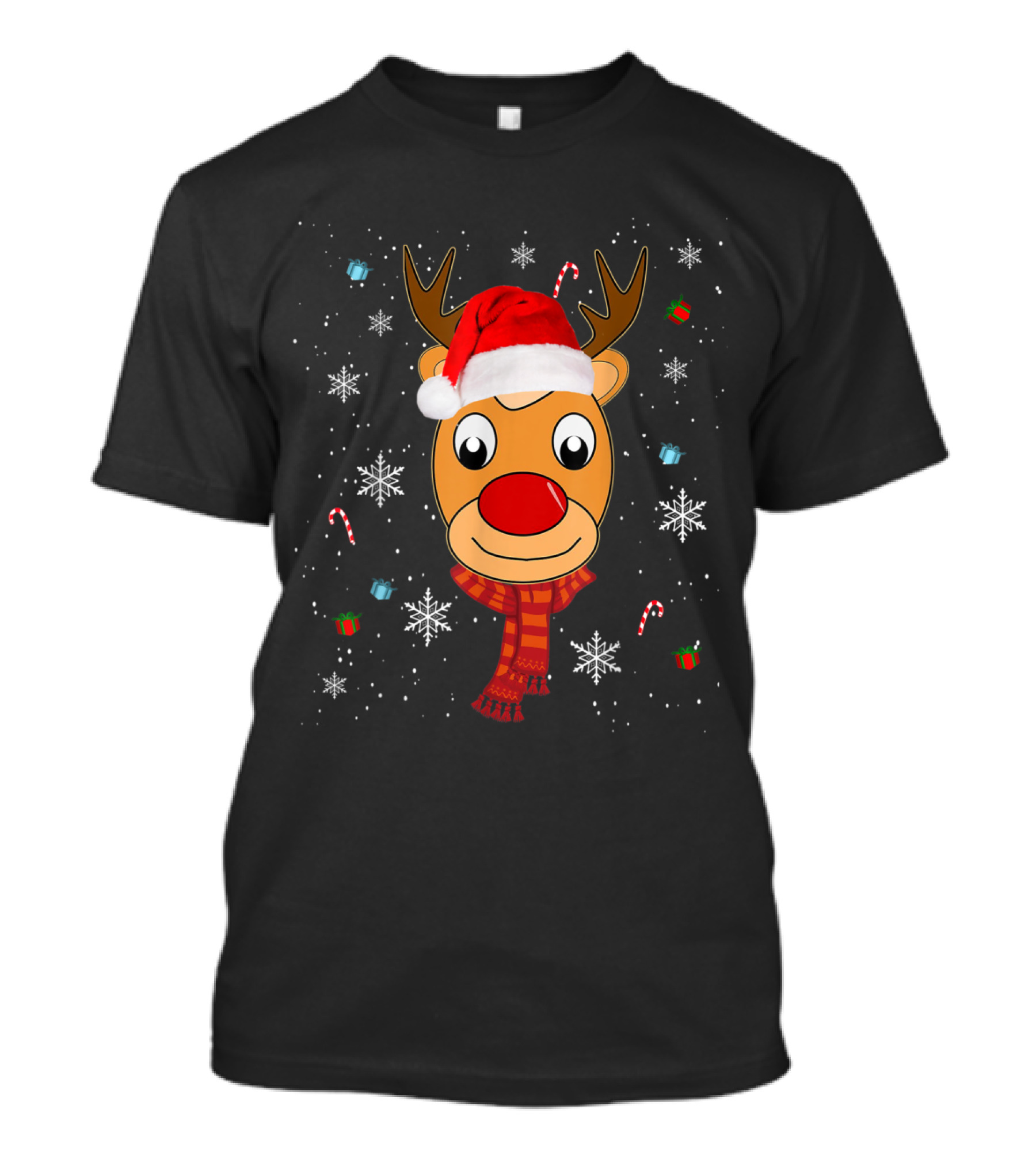 Rudolph Reindeer Santa Hat Snowflakes Candy Canes Gifts T-Shirt