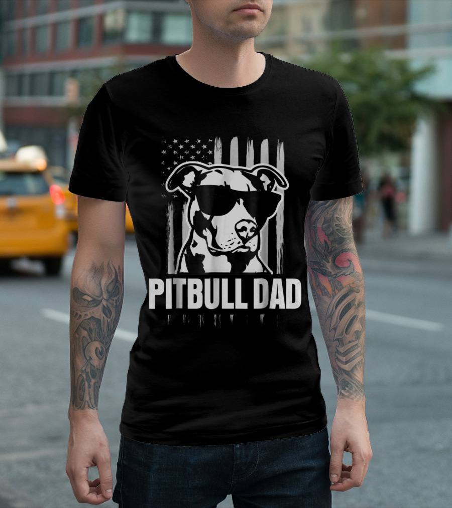 Pitbull Dad American Flag Sunglasses Dog T-Shirt