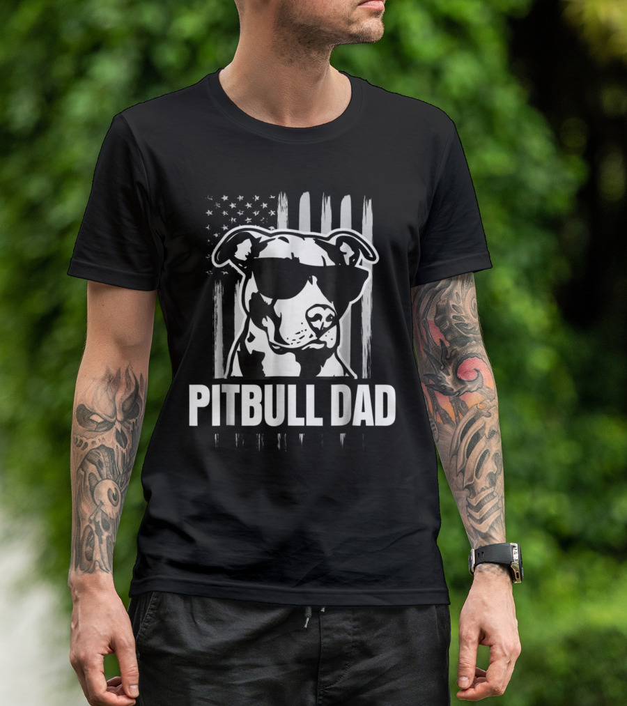 Pitbull Dad American Flag Sunglasses Dog T-Shirt