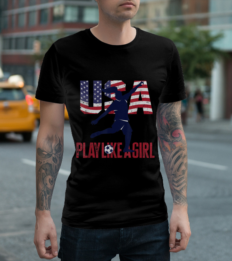 USA Flag Football Play Like A Girl Soccer Player T-Shirt