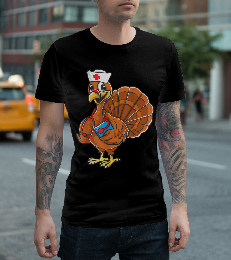 Thanksgiving Nurse Turkey Nursing Student RN LPN Stethoscope Hat Cartoon T-Shirt