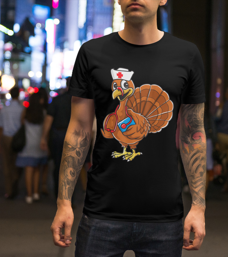 Thanksgiving Nurse Turkey Nursing Student RN LPN Stethoscope Hat Cartoon T-Shirt