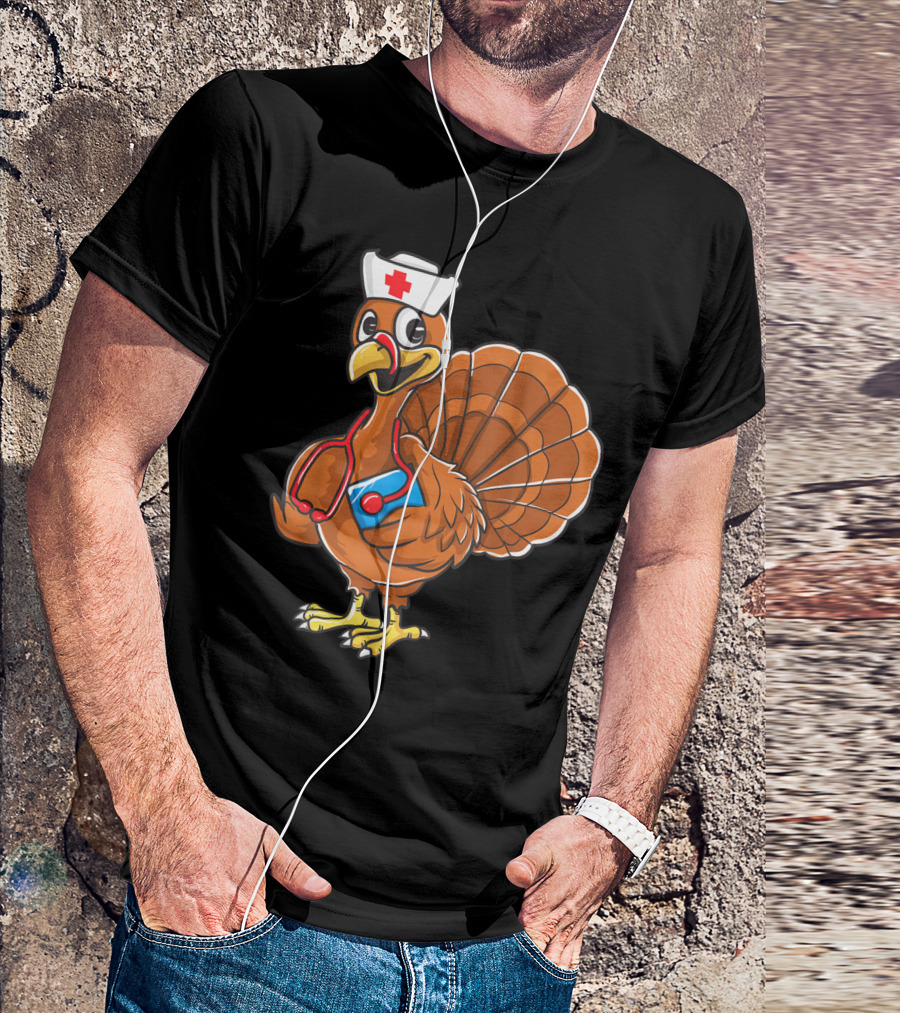 Thanksgiving Nurse Turkey Nursing Student RN LPN Stethoscope Hat Cartoon T-Shirt