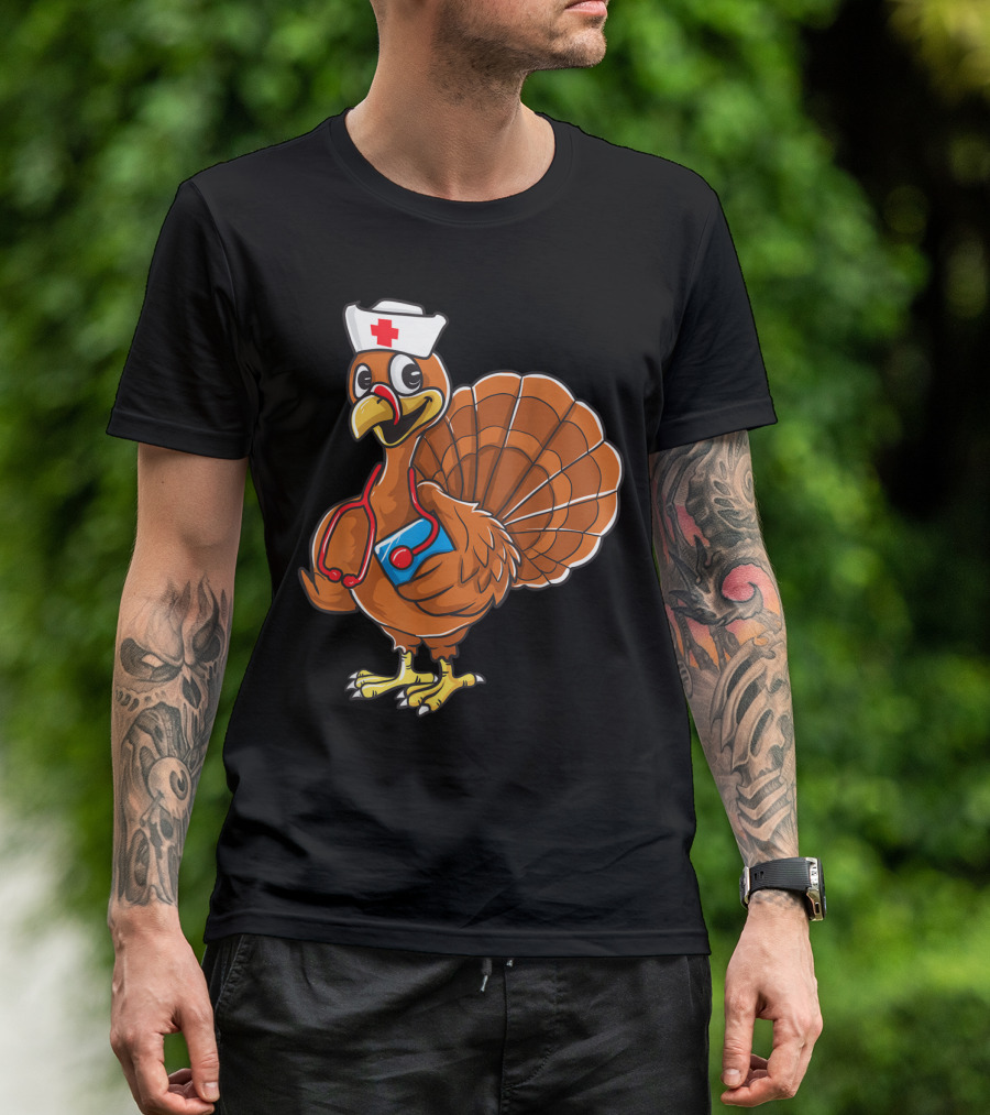Thanksgiving Nurse Turkey Nursing Student RN LPN Stethoscope Hat Cartoon T-Shirt