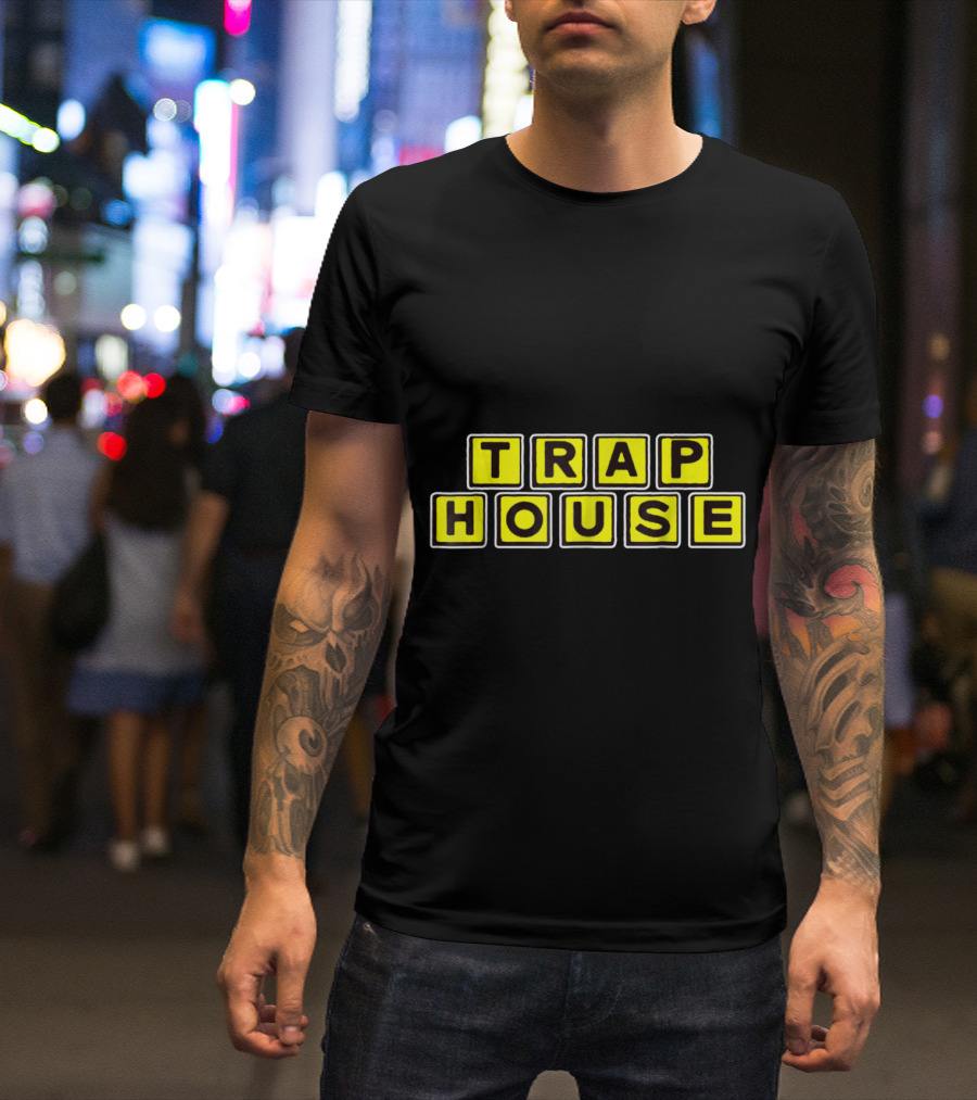 TRAP HOUSE Yellow Block Lettering Bold Typography T-Shirt