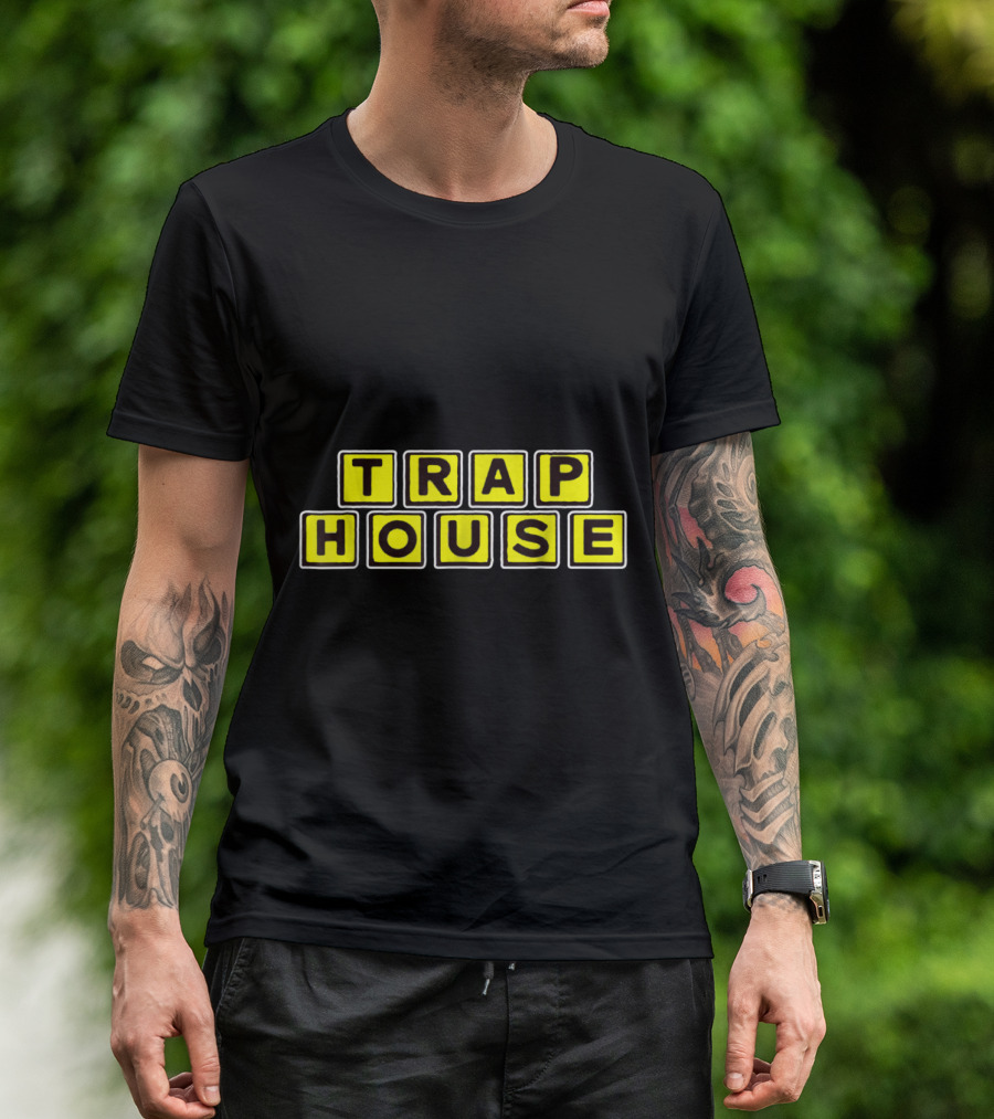 TRAP HOUSE Yellow Block Lettering Bold Typography T-Shirt