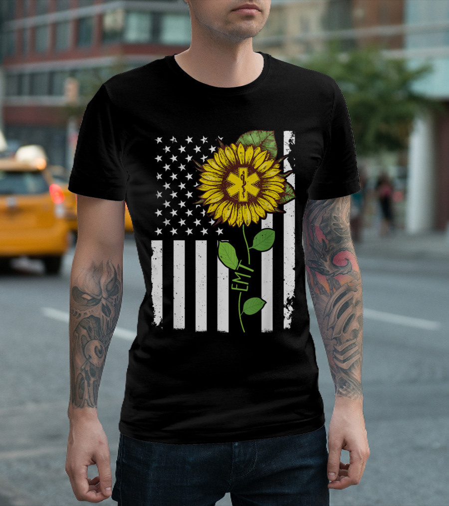 American Flag Sunflower EMT Hippie T-Shirt