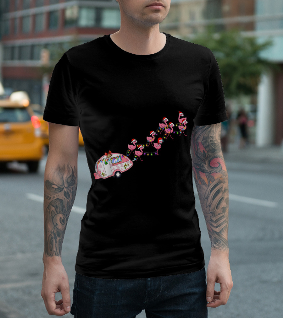 Santa Flamingo Christmas Camper Glamping Holiday Scene T-Shirt