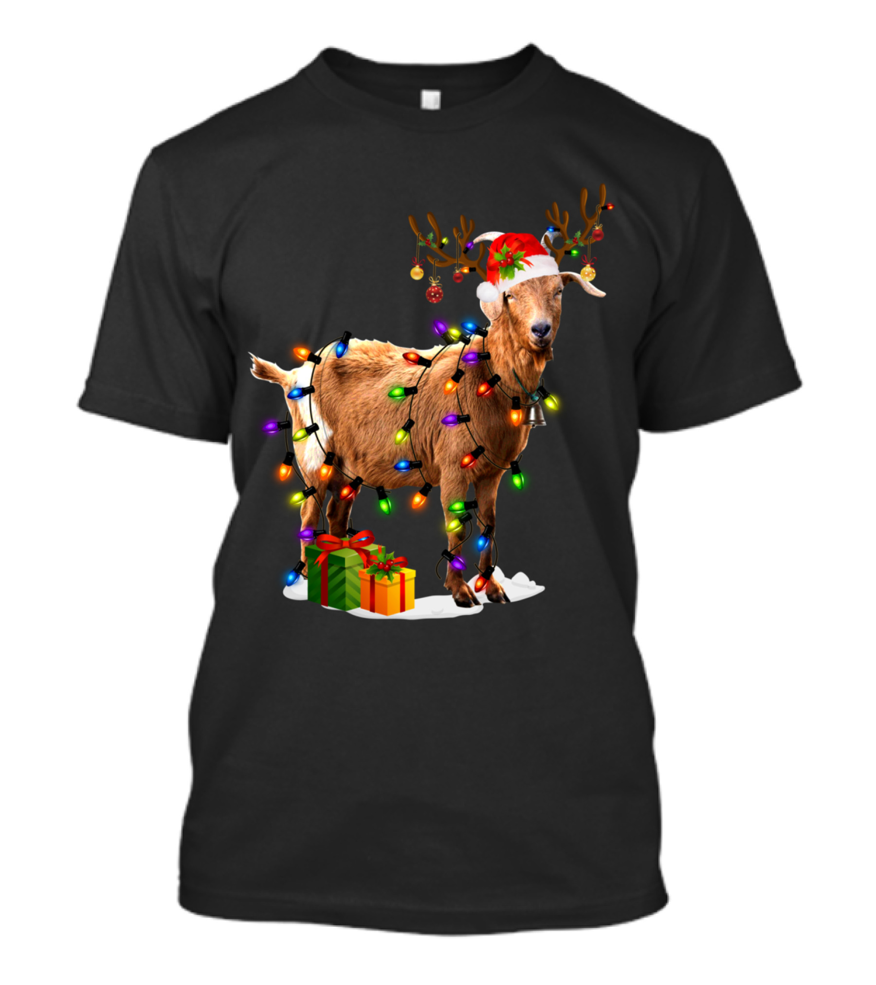 Goat Reindeer Christmas Lights With Santa Hat And Presents T-Shirt