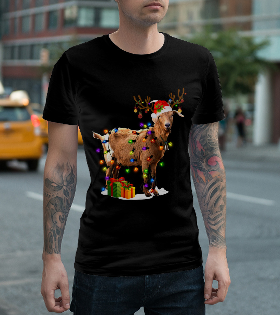 Goat Reindeer Christmas Lights With Santa Hat And Presents T-Shirt