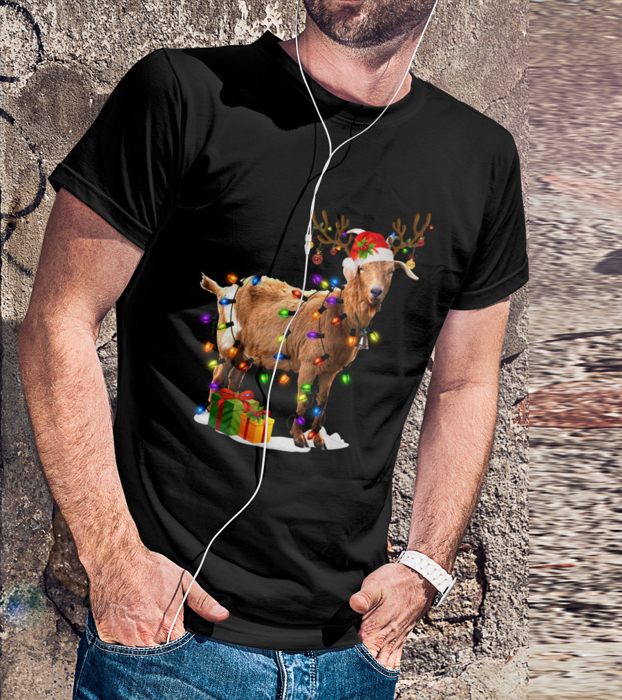 Goat Reindeer Christmas Lights With Santa Hat And Presents T-Shirt