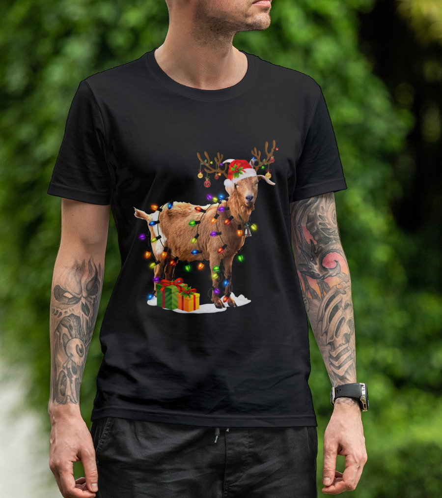 Goat Reindeer Christmas Lights With Santa Hat And Presents T-Shirt