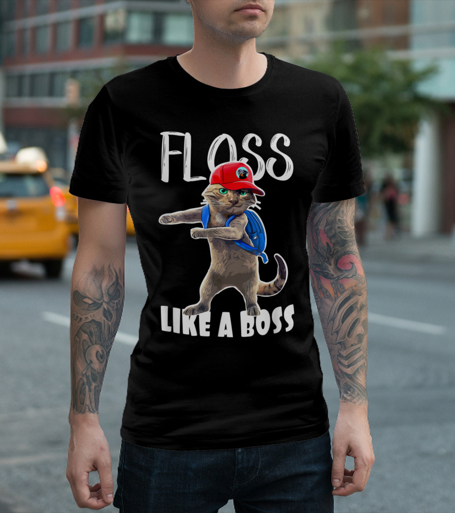 Floss Like a Boss Cat with Red Hat and Backpack T-Shirt