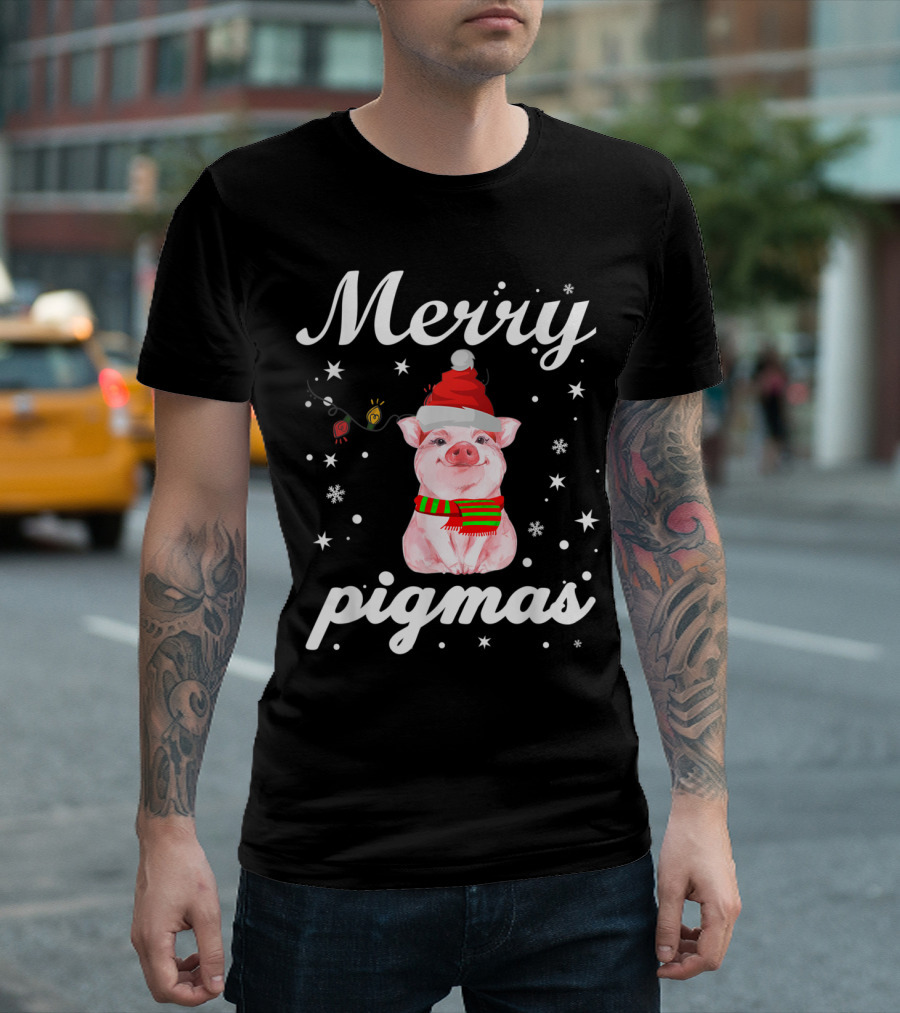 Merry Pigmas Christmas With Festive Pig And Snowflakes For Pig Lovers T-Shirt