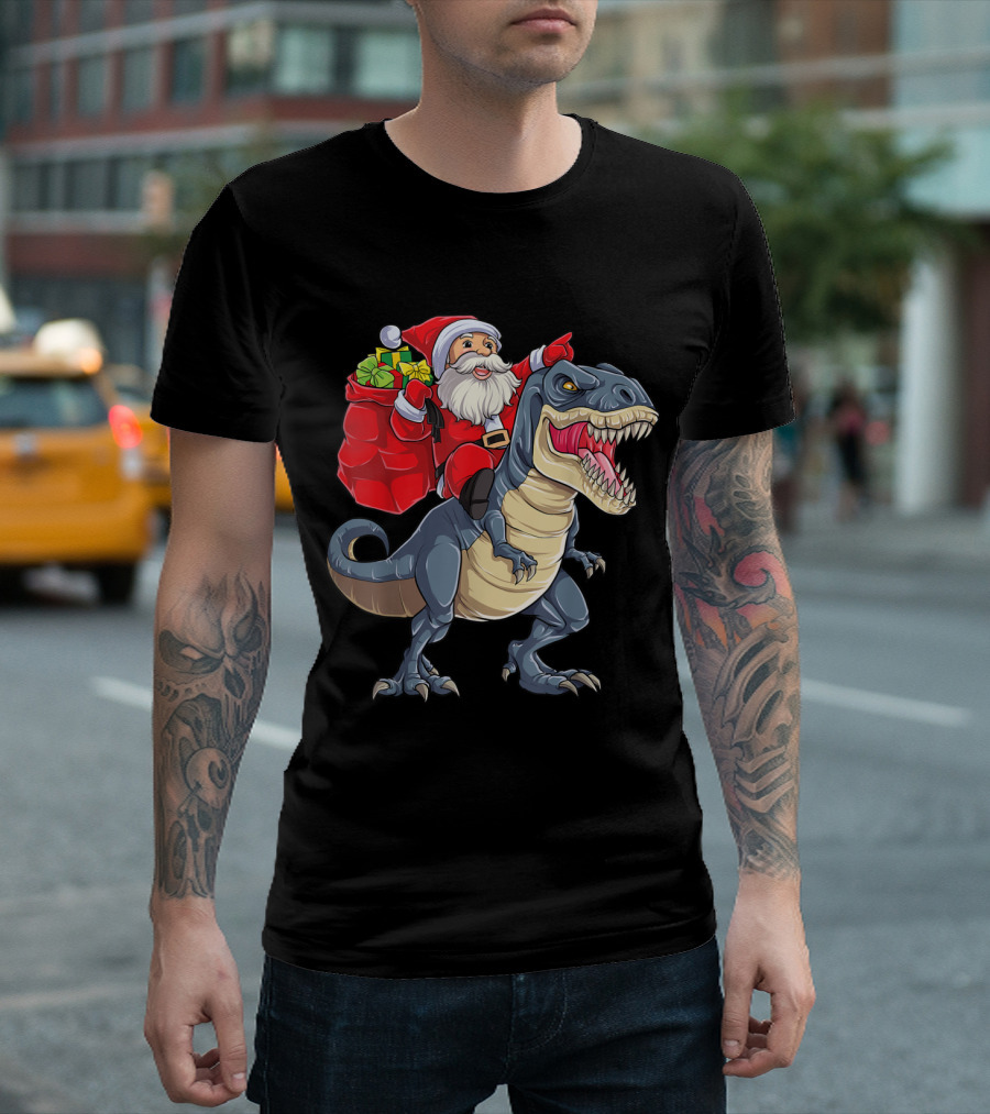 Santa Claus Riding Dinosaur T-Rex with Red Gift Sack T-Shirt