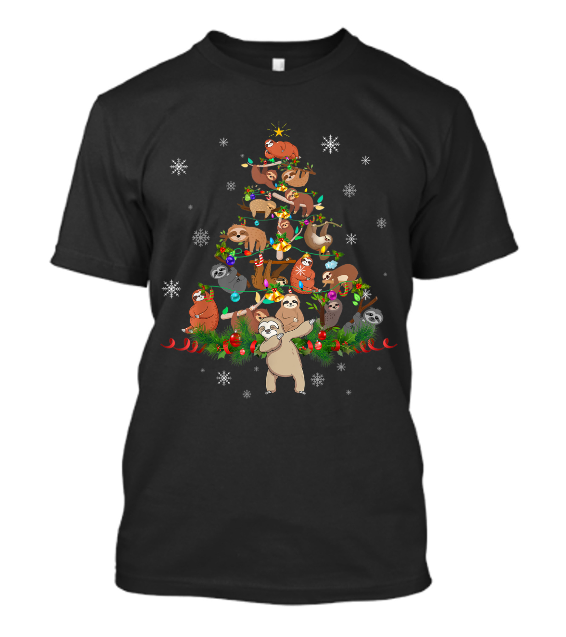 Sloth Christmas Tree Lights With Funny Dancing Sloth And Snowflakes T-Shirt