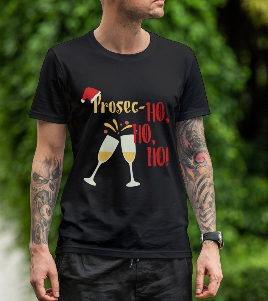 Prosec-Ho Ho Ho Funny Wine Lover Christmas Celebration Santa Hat Champagne Glasses T-Shirt