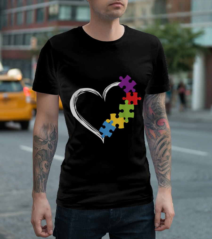 Love Autism Awareness Heart with Colorful Puzzle Pieces T-Shirt