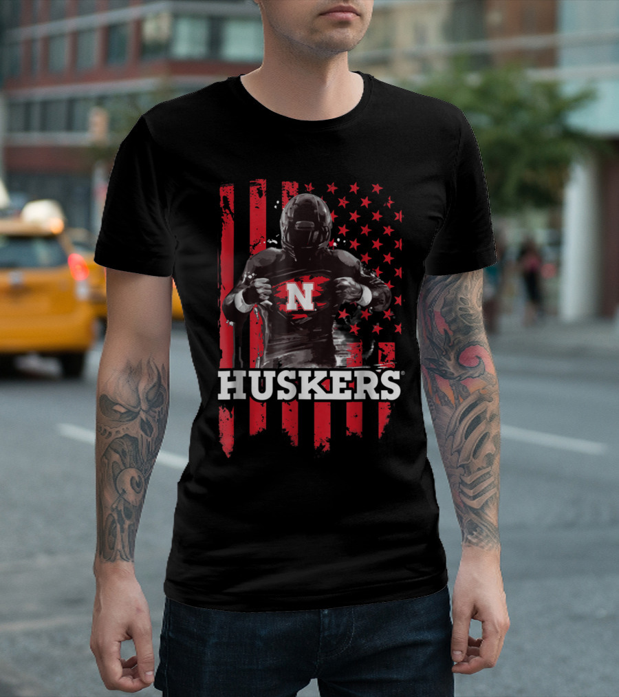 Huskers N Player American Flag Football T-Shirt