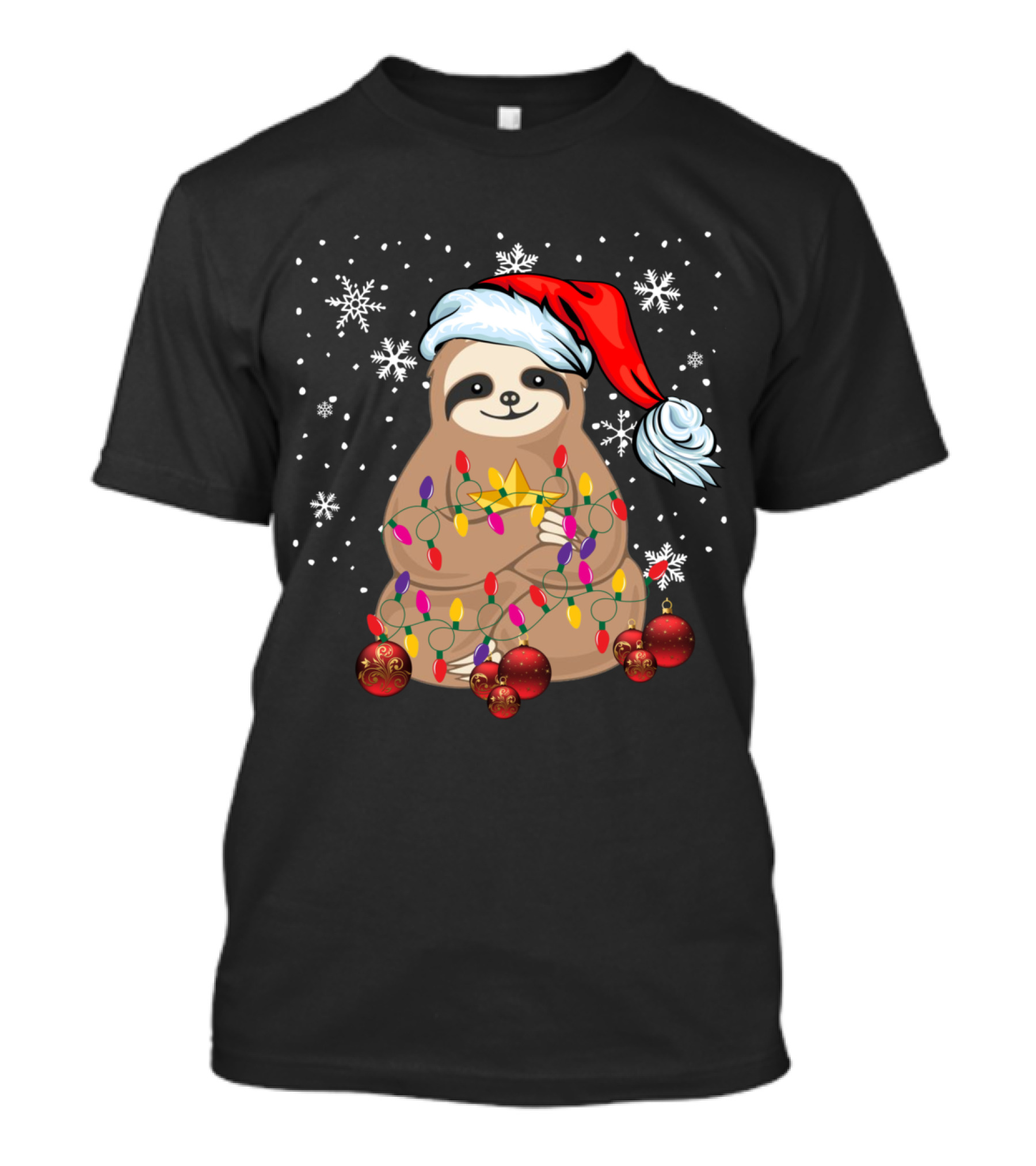 Cute Christmas Sloth Santa With LED Light String And Snowflakes T-Shirt