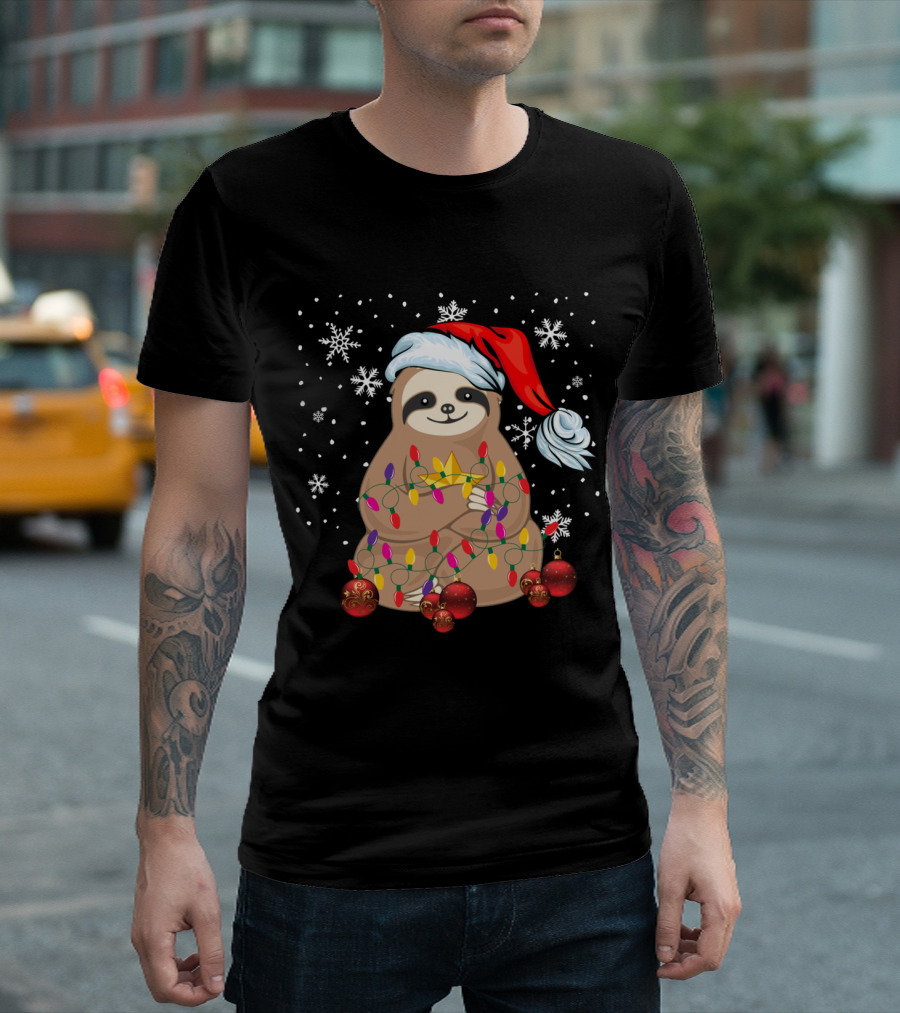 Cute Christmas Sloth Santa With LED Light String And Snowflakes T-Shirt