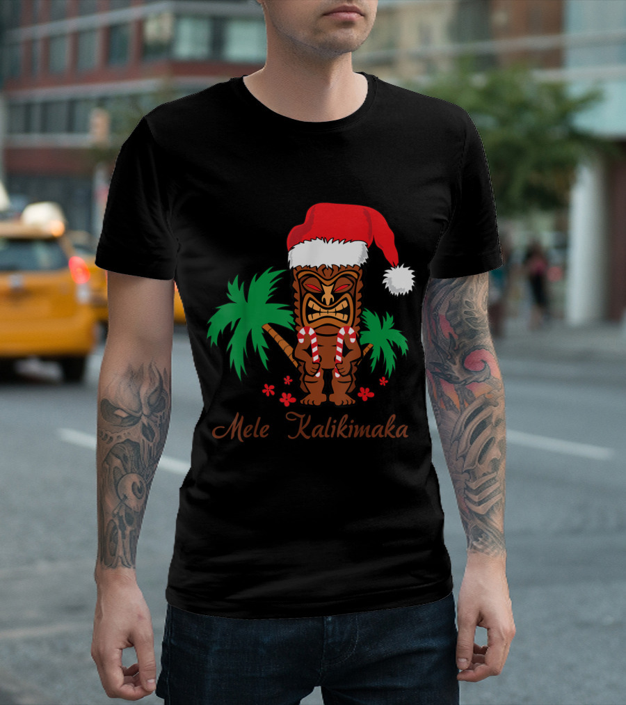 Mele Kalikimaka Tiki Santa Palm Trees Christmas Holiday T-Shirt