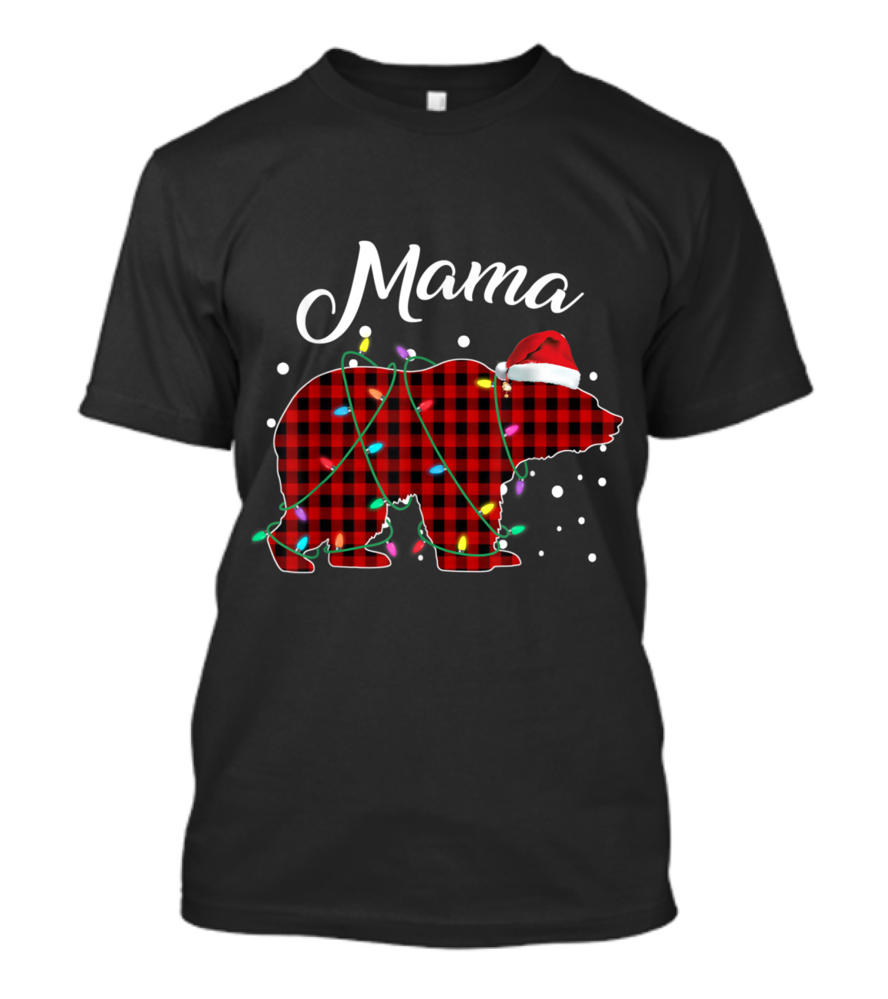 Red Plaid Mama Bear With Christmas Lights And Santa Hat T-Shirt