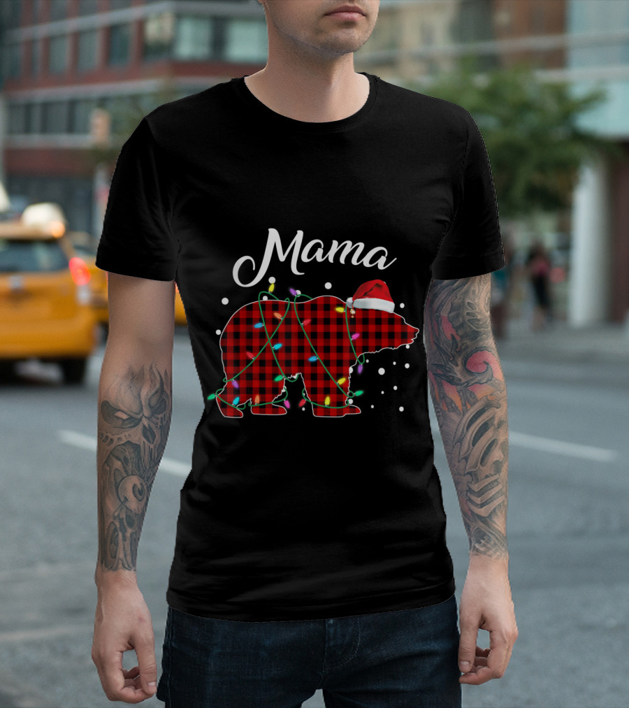 Red Plaid Mama Bear With Christmas Lights And Santa Hat T-Shirt
