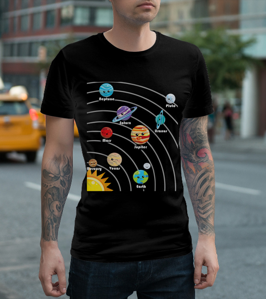 Cute Playful Solar System Planets: Mercury Venus Earth Mars Jupiter Saturn Uranus Neptune Pluto T-Shirt