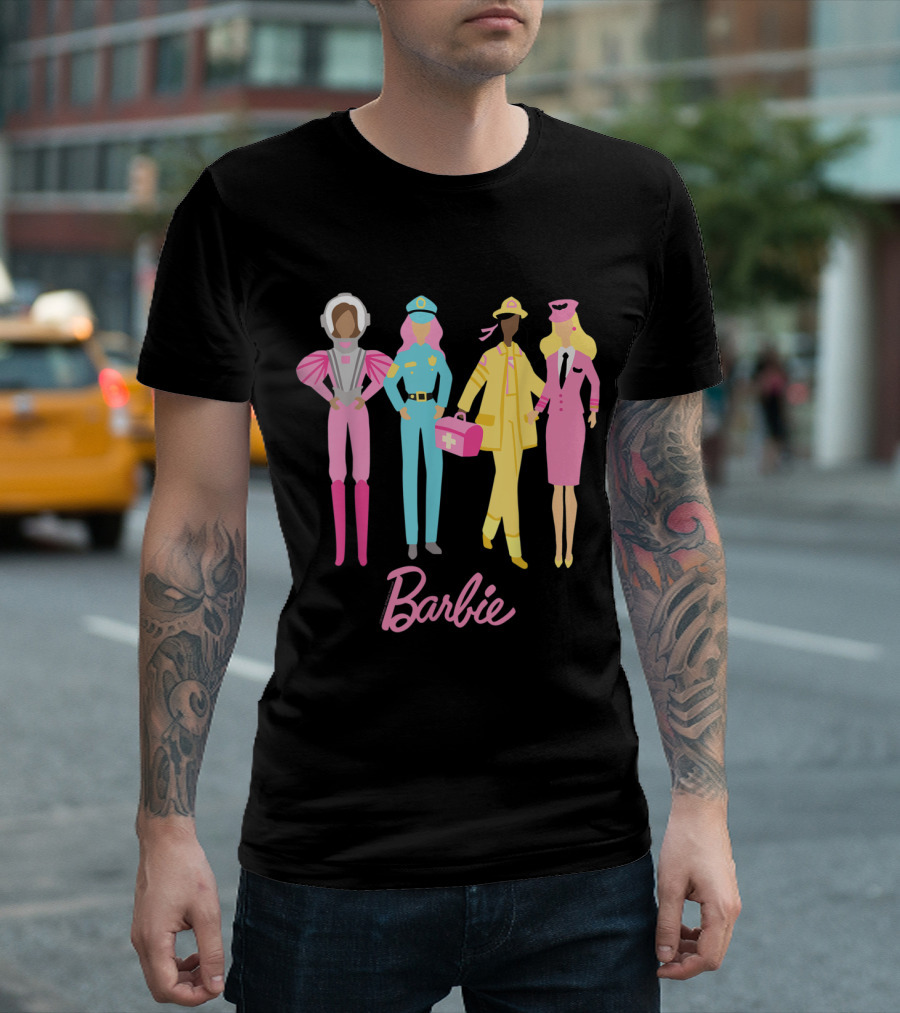 Barbie 60th Anniversary Astronaut Police Officer Firefighter Flight Attendant T-Shirt