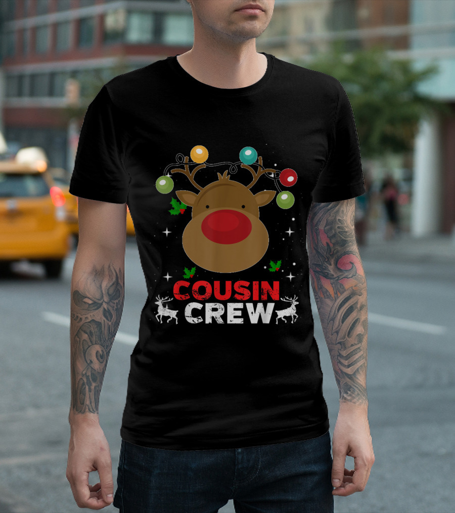 Cousin Crew Reindeer With Festive Lights And Holly T-Shirt