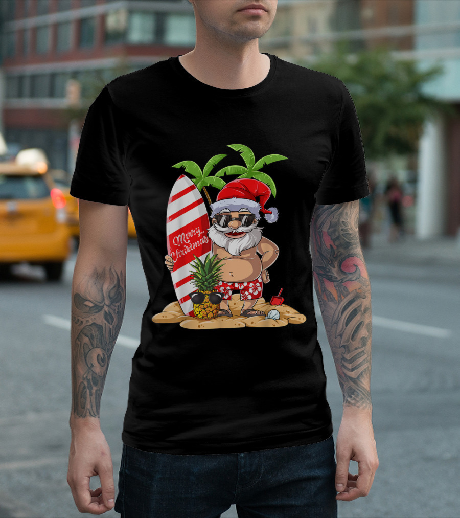 Merry Christmas in July Santa Hawaiian Surfing Summer Surf with Pineapple and Palm Trees T-Shirt