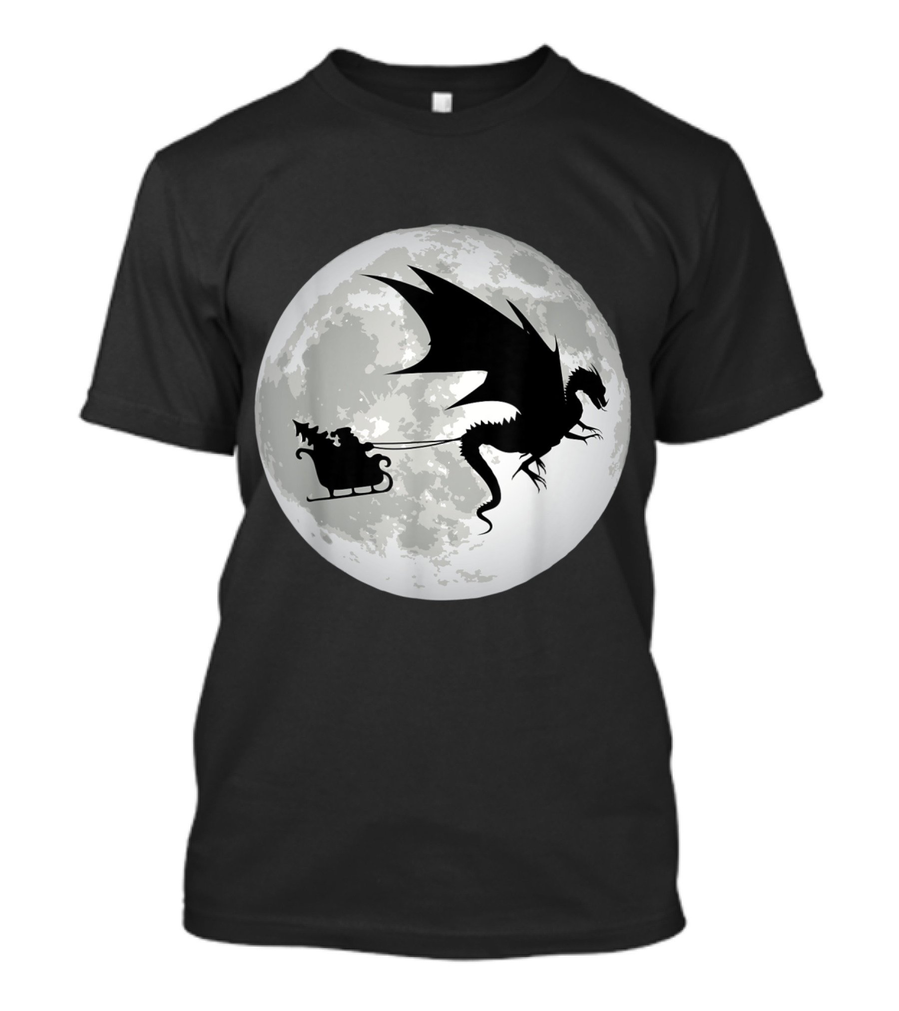 Christmas Santa Claus Sleigh With Dragon Silhouette Against Full Moon T-Shirt