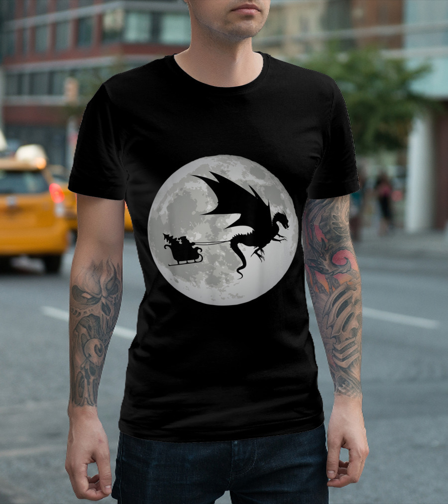 Christmas Santa Claus Sleigh With Dragon Silhouette Against Full Moon T-Shirt
