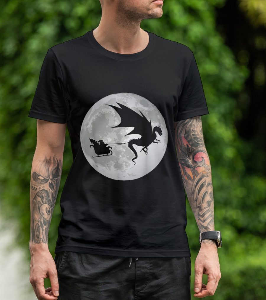 Christmas Santa Claus Sleigh With Dragon Silhouette Against Full Moon T-Shirt