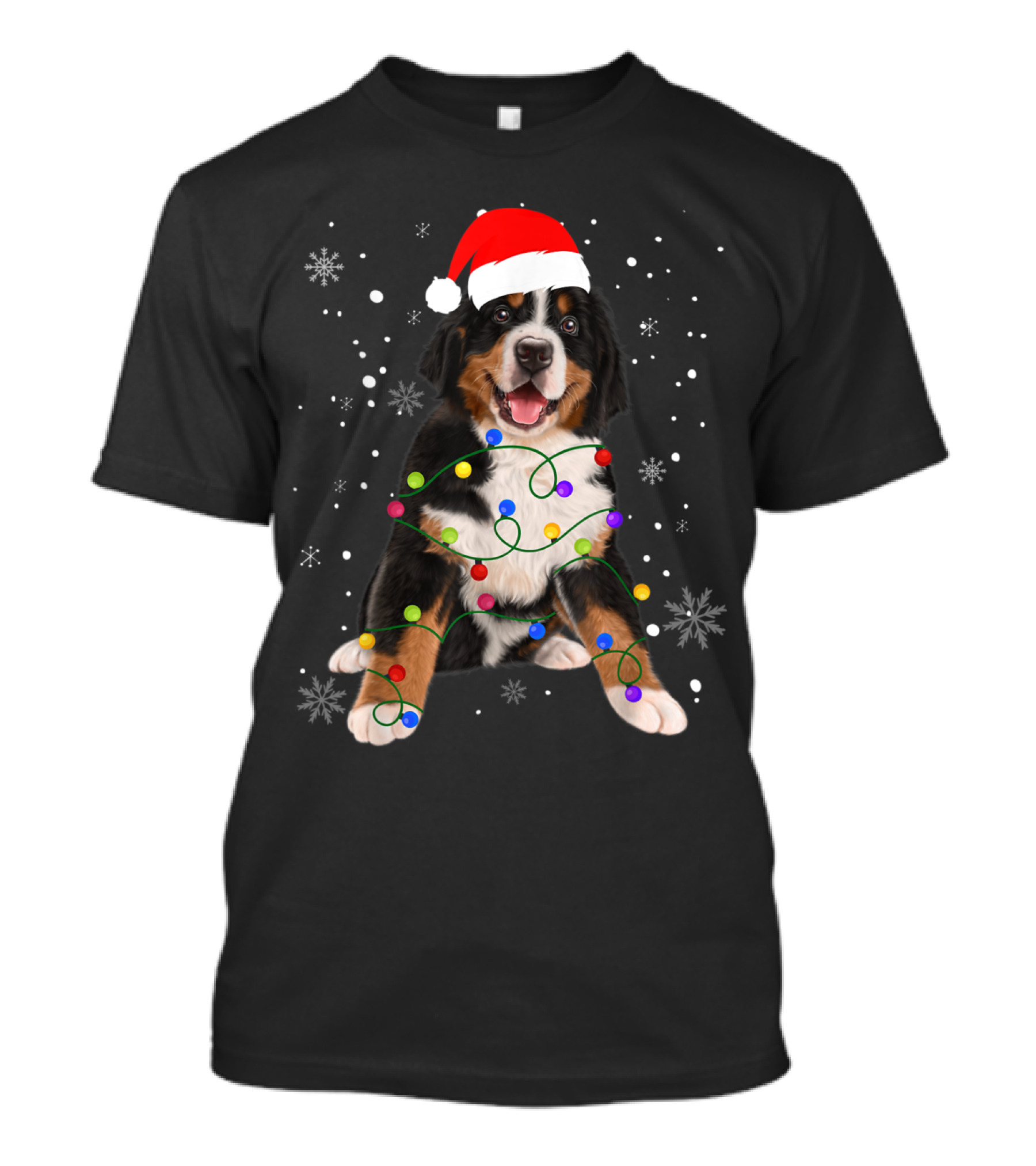 Bernese Mountain Dog Christmas Lights Snowflakes Santa Hat T-Shirt