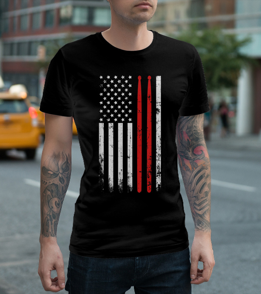 Vintage American Flag with Drum Sticks for Drummers T-Shirt