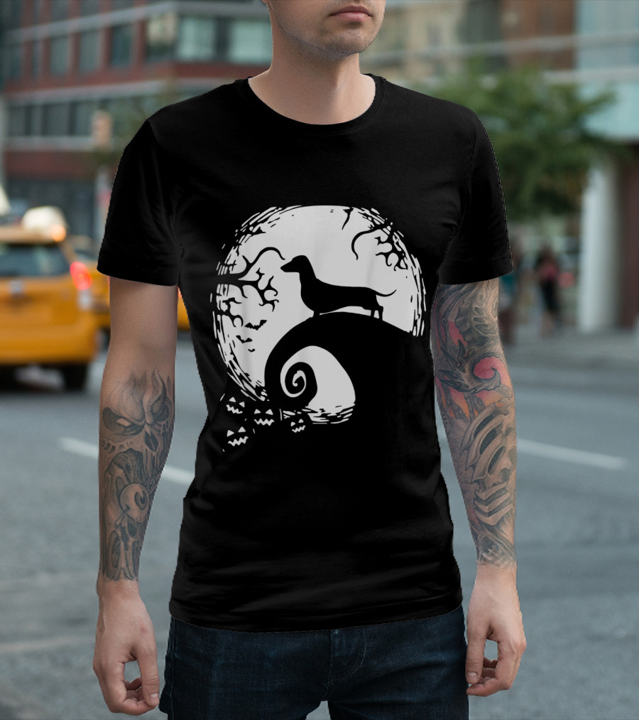 Dachshund Silhouette on Spiral Hill with Moon and Jack-O'-Lanterns Halloween Scene for Dachshund Lovers T-Shirt