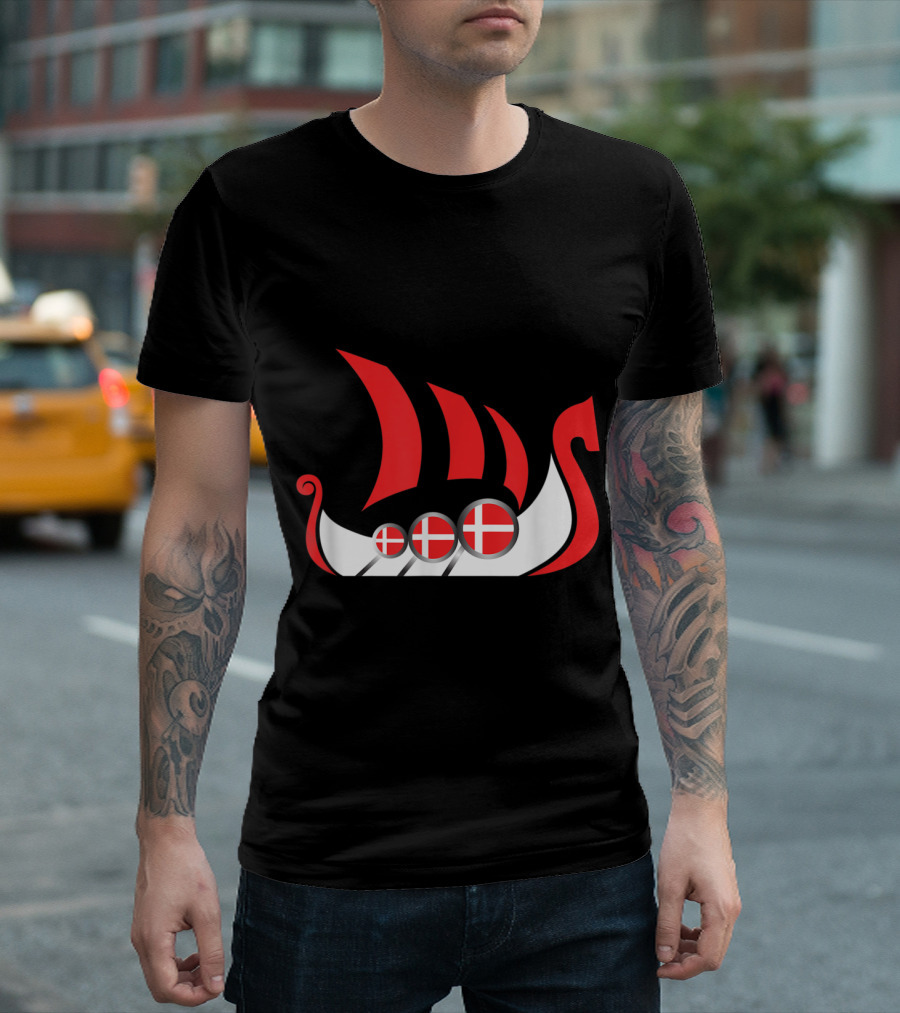 Denmark Viking Ship with Danish Flag Sails and Dragon Boat T-Shirt