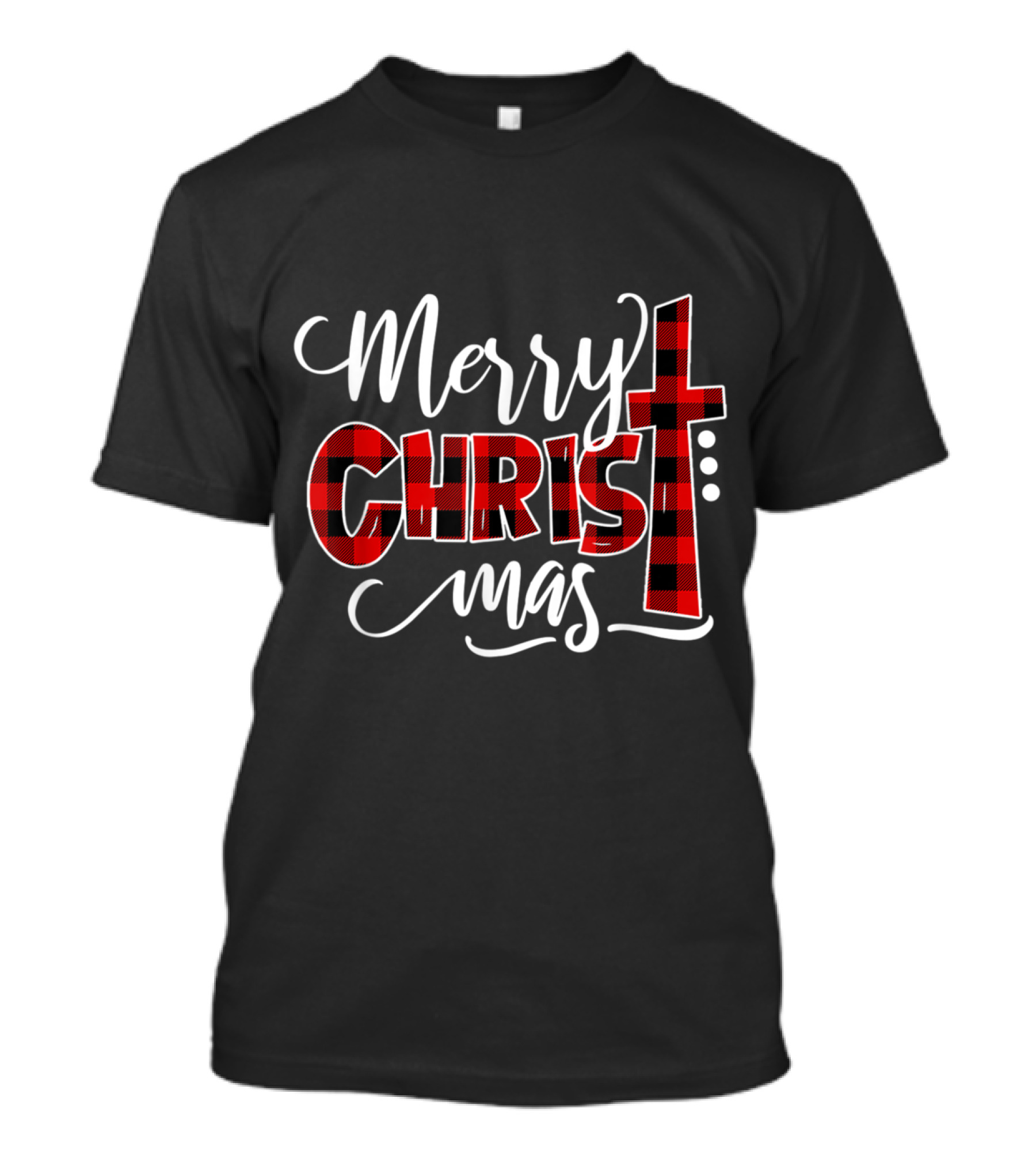 Merry Christmas Red Buffalo Plaid Cross Typography T-Shirt