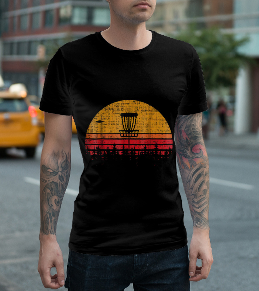 Vintage Frolf Frisbee Disc Golf Basket Sunset T-Shirt