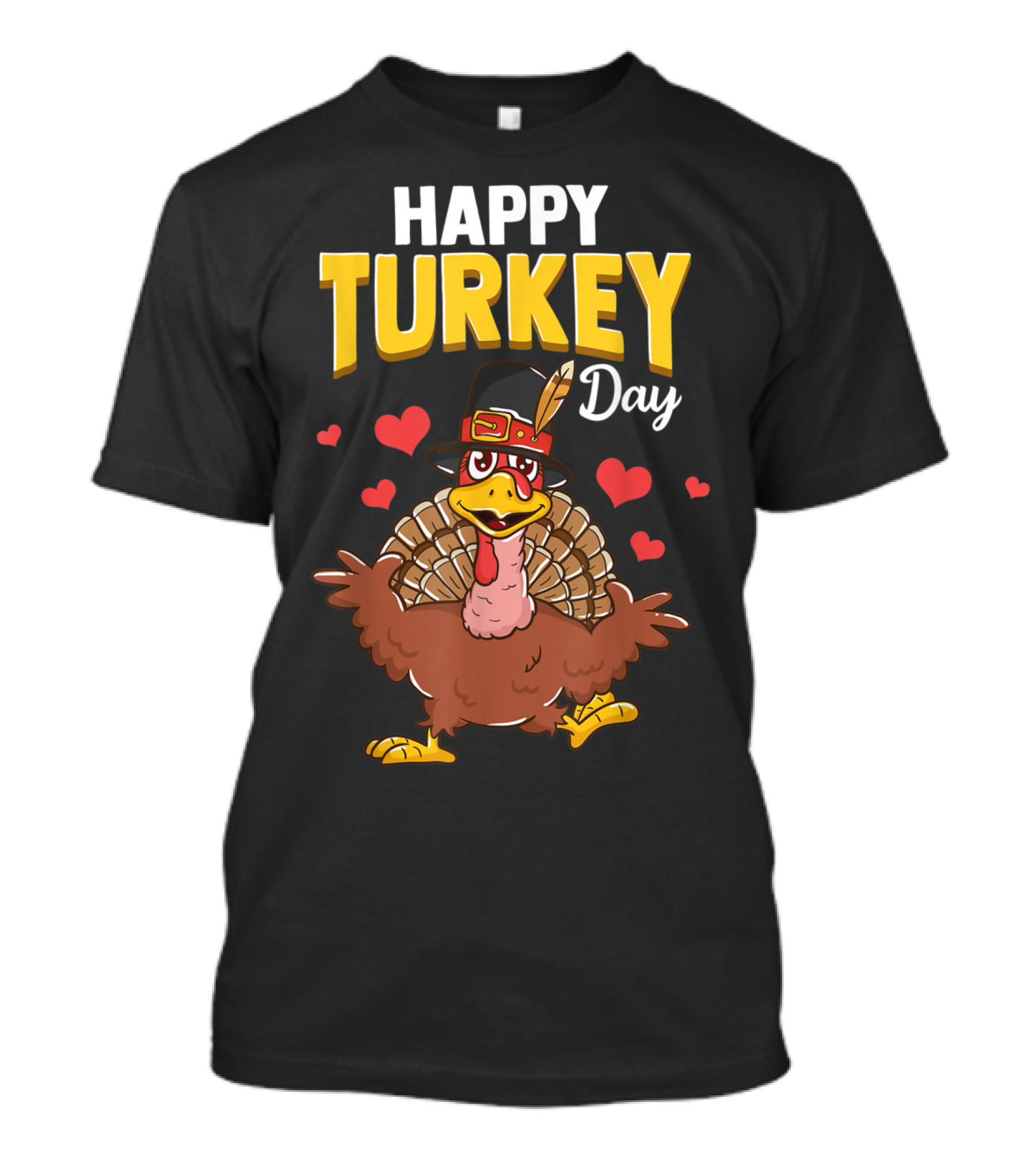 Happy Turkey Day Thanksgiving Gobble With Cartoon Turkey And Pilgrim Hat T-Shirt