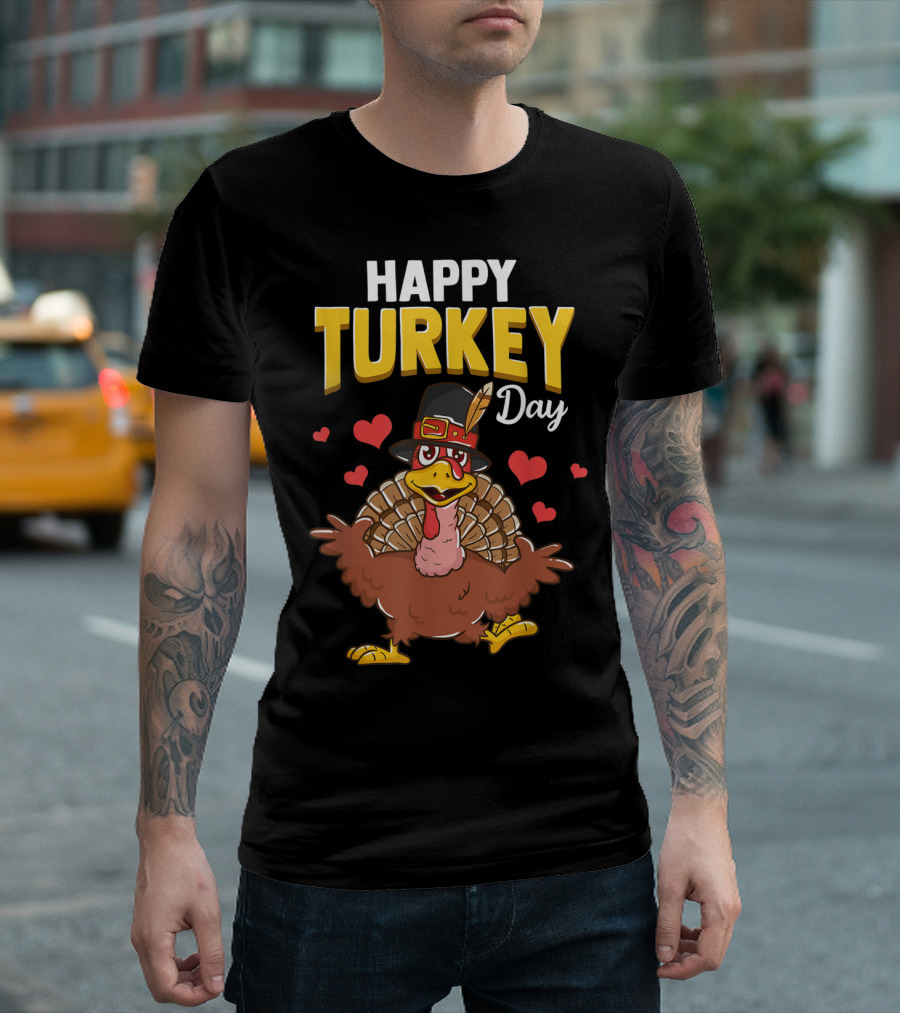 Happy Turkey Day Thanksgiving Gobble With Cartoon Turkey And Pilgrim Hat T-Shirt