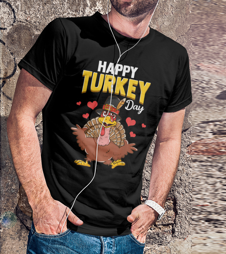 Happy Turkey Day Thanksgiving Gobble With Cartoon Turkey And Pilgrim Hat T-Shirt