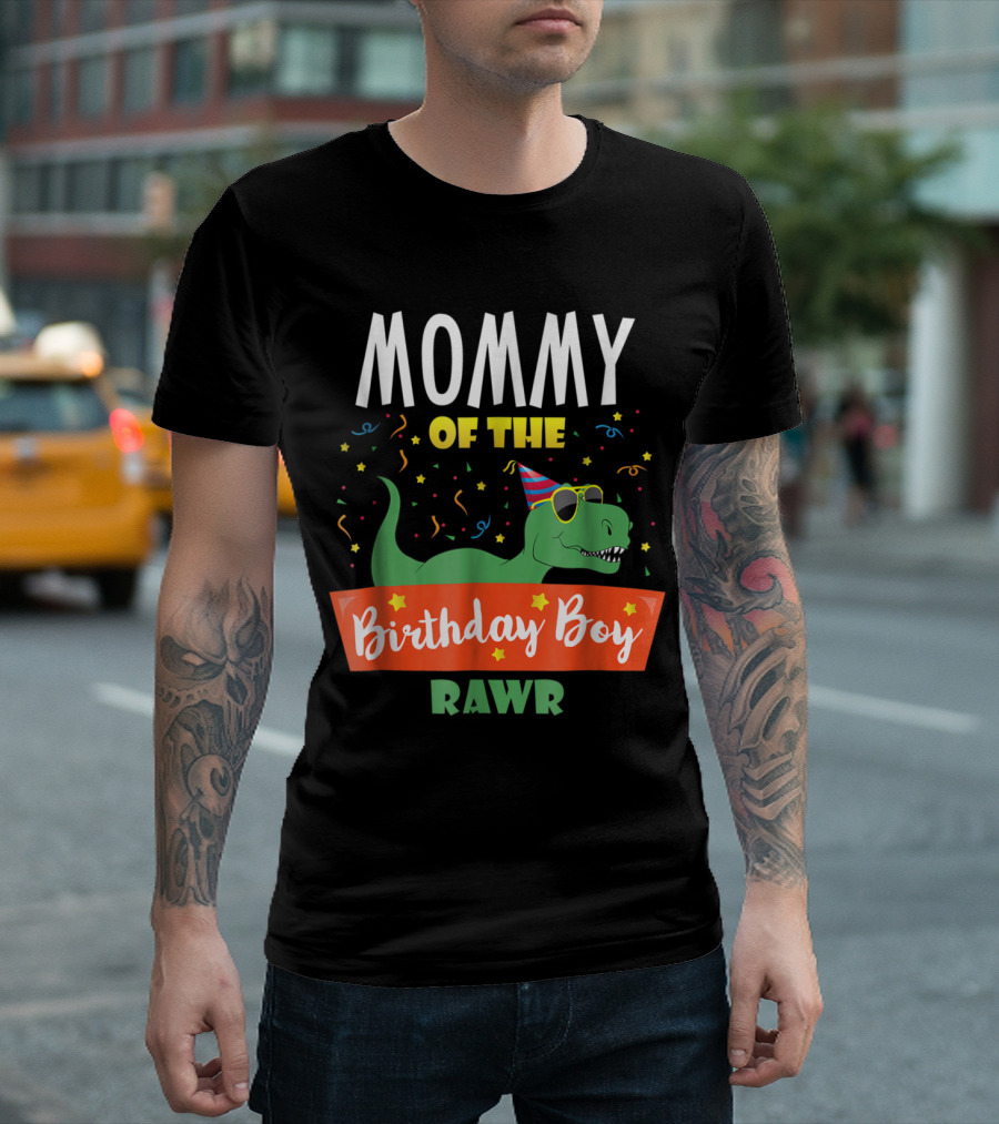 Mommy Of The Birthday Boy Dinosaur Raptor RAWR Party Hat And Confetti T-Shirt