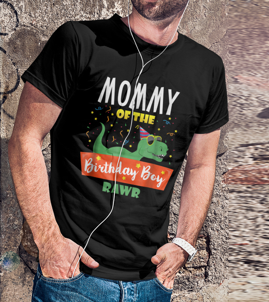 Mommy Of The Birthday Boy Dinosaur Raptor RAWR Party Hat And Confetti T-Shirt