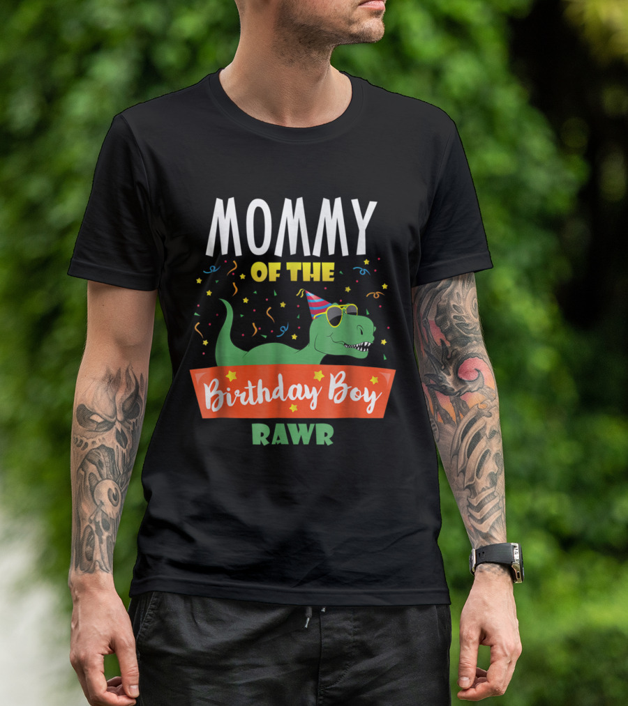Mommy Of The Birthday Boy Dinosaur Raptor RAWR Party Hat And Confetti T-Shirt