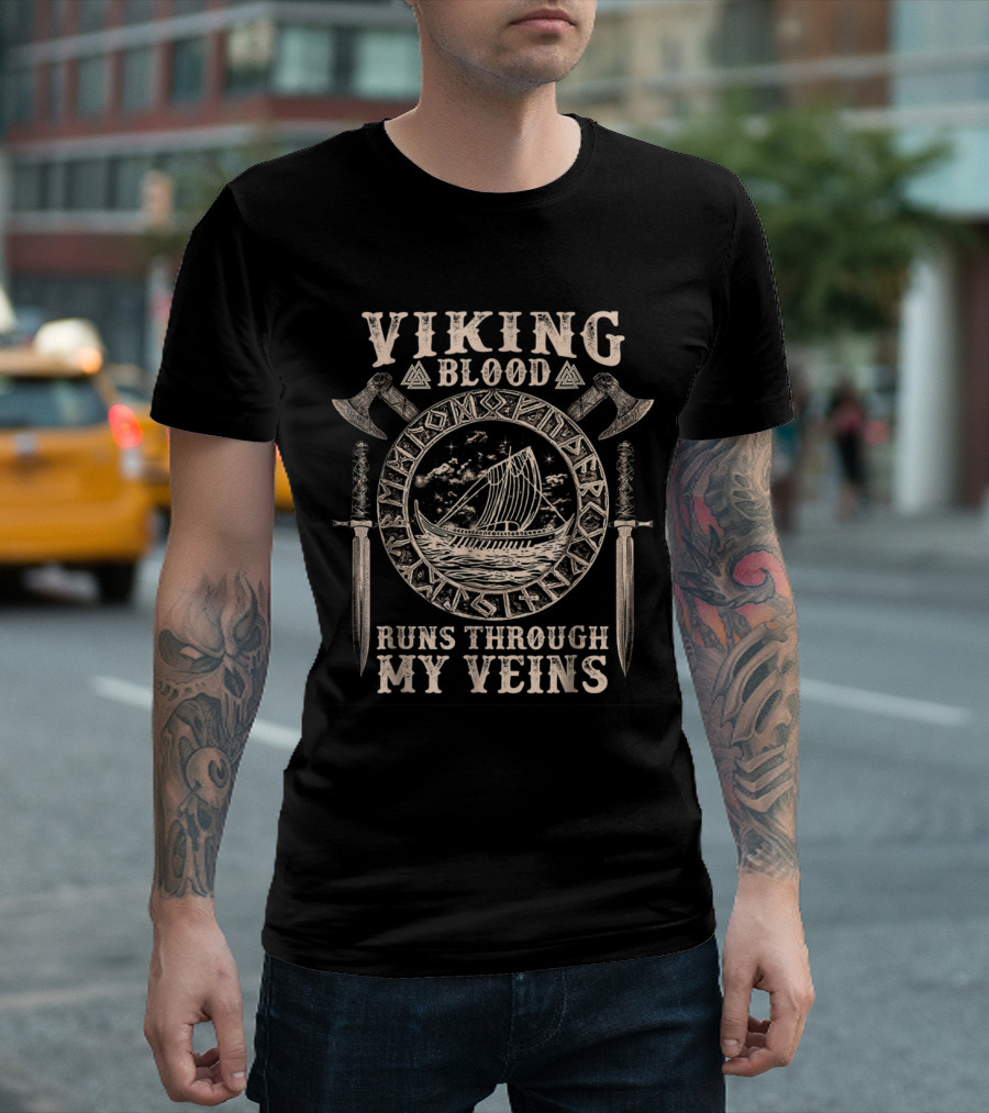 Viking Blood with Viking Ship and Axes Runs Through My Veins T-Shirt