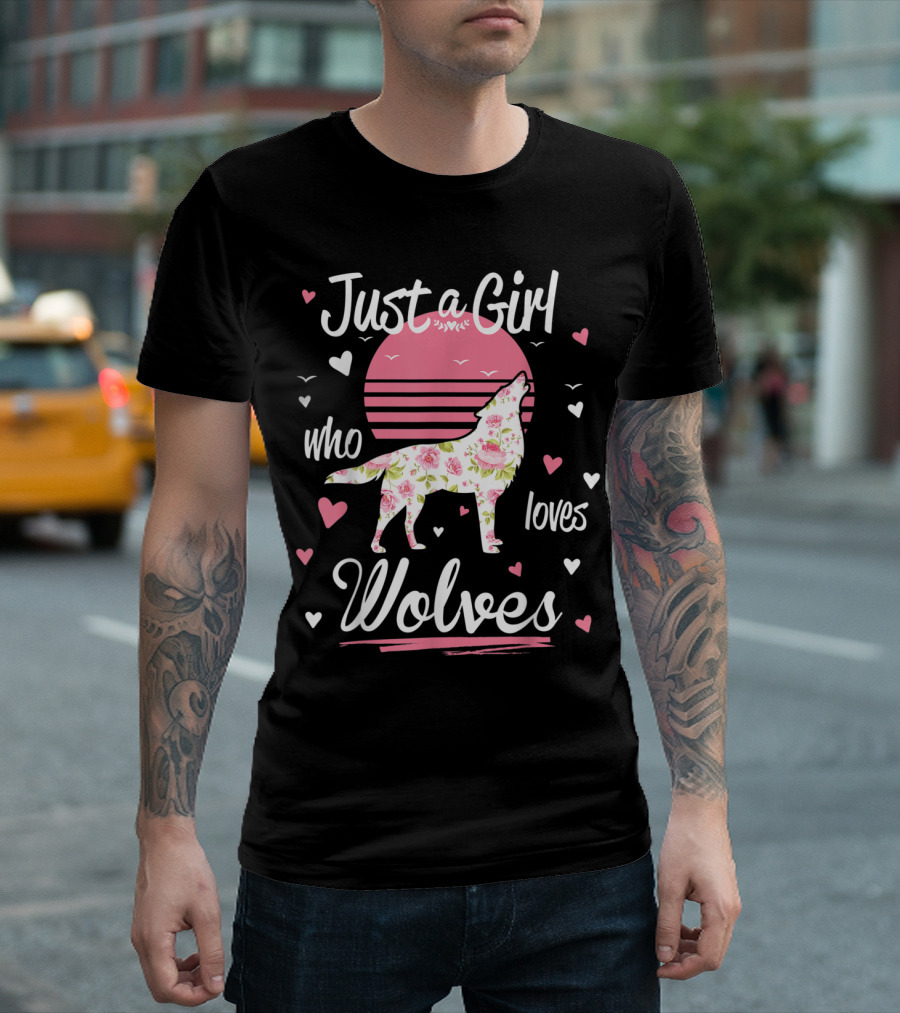 Just A Girl Who Loves Wolves Floral Pattern Wolf Sunset Hearts T-Shirt